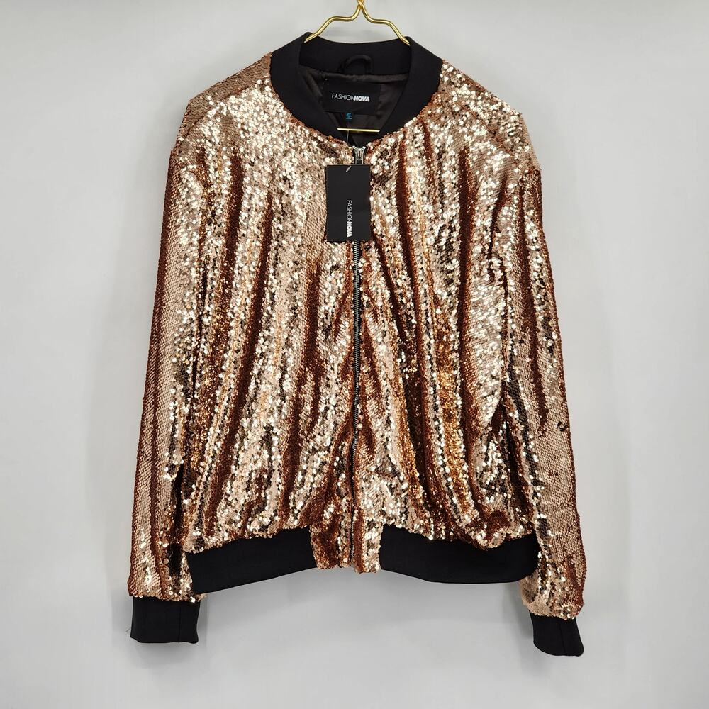 Fashion Nova Rose Gold Sequin Bomber Jacket